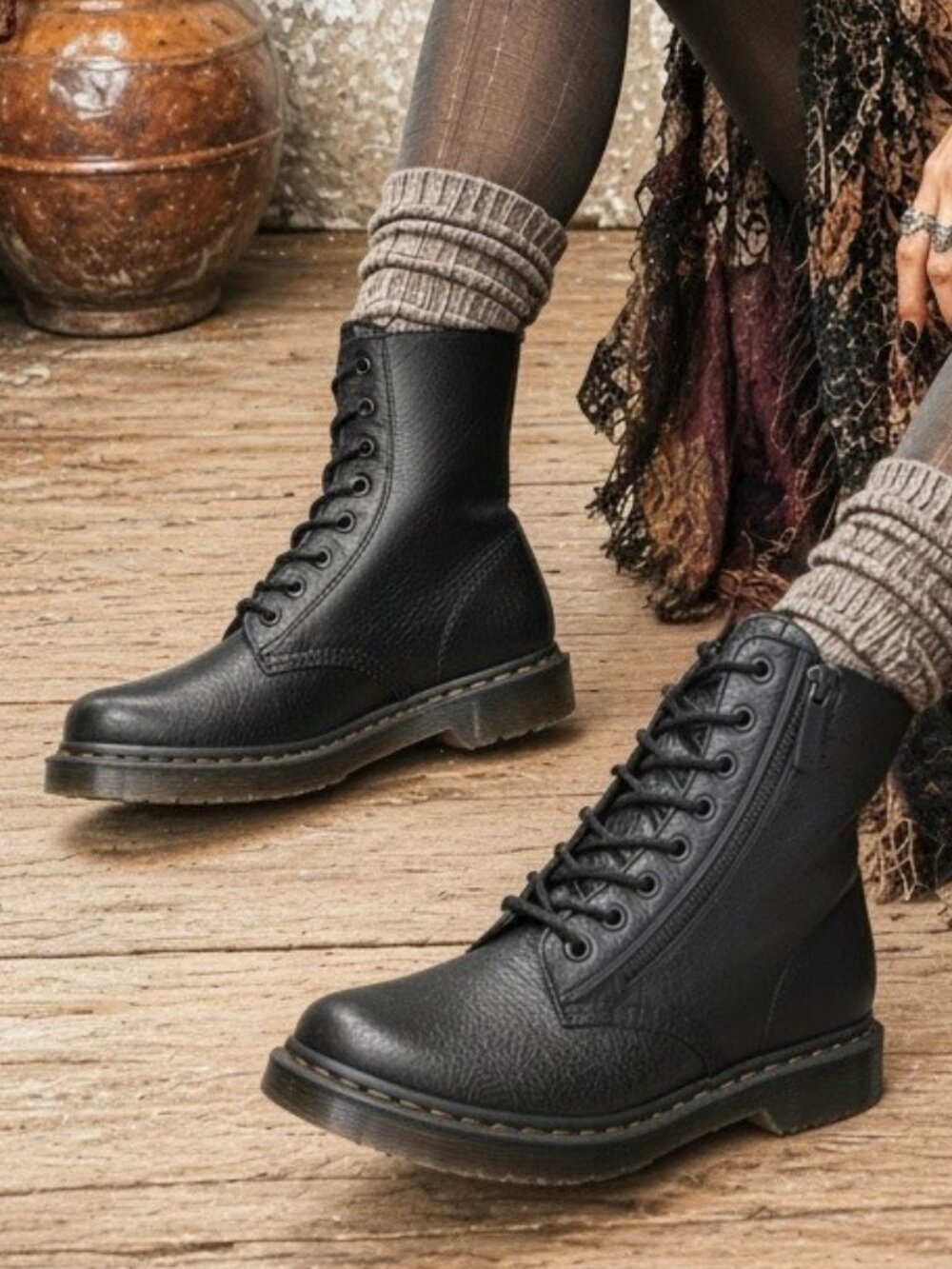 Dr. Martens Pascal Black Leather Lace up Optional Side Zipper Combat Moto Boots